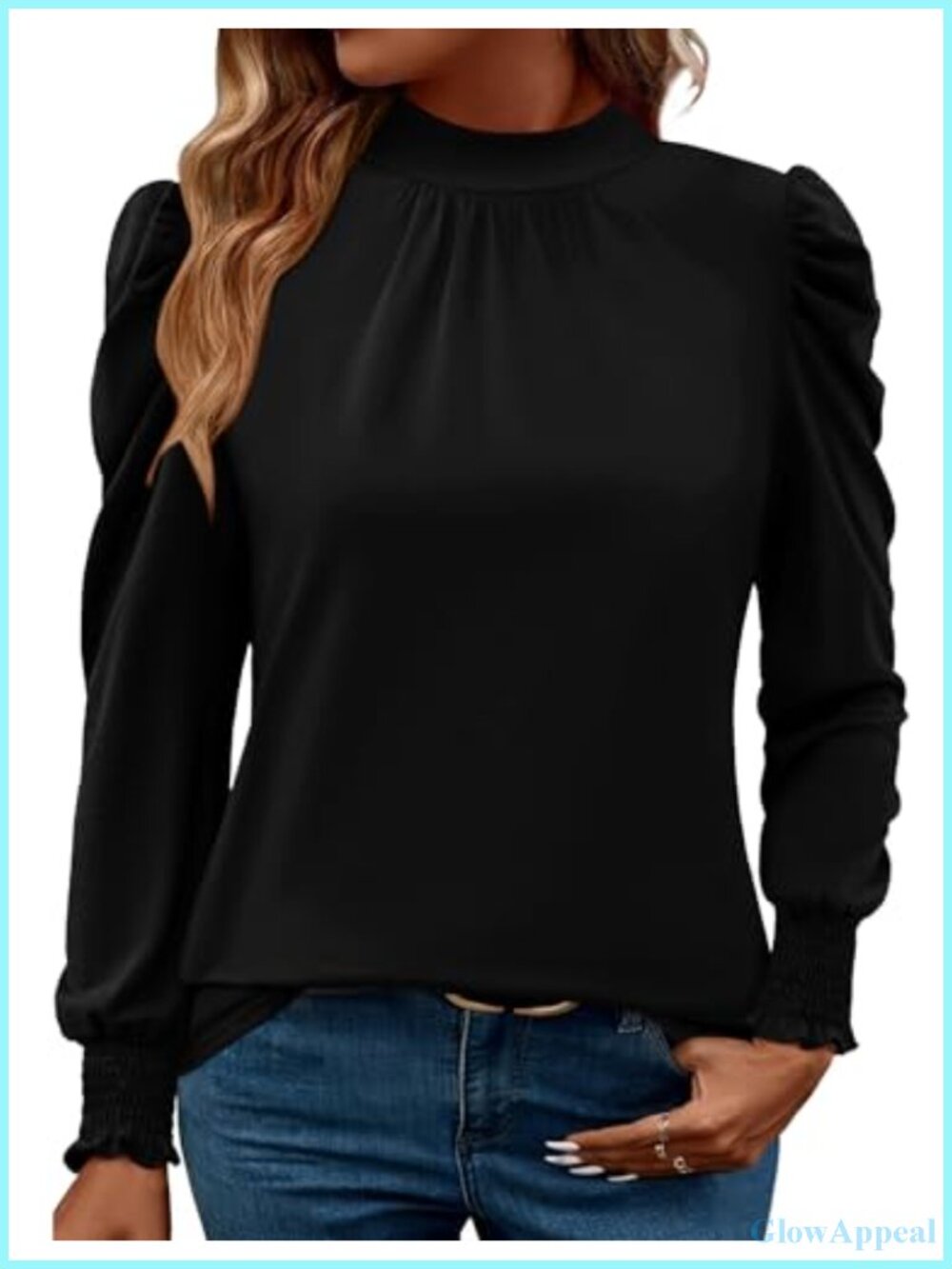 Puff Long Sleeve Mock Neck Blouse with Smocked Cuffs